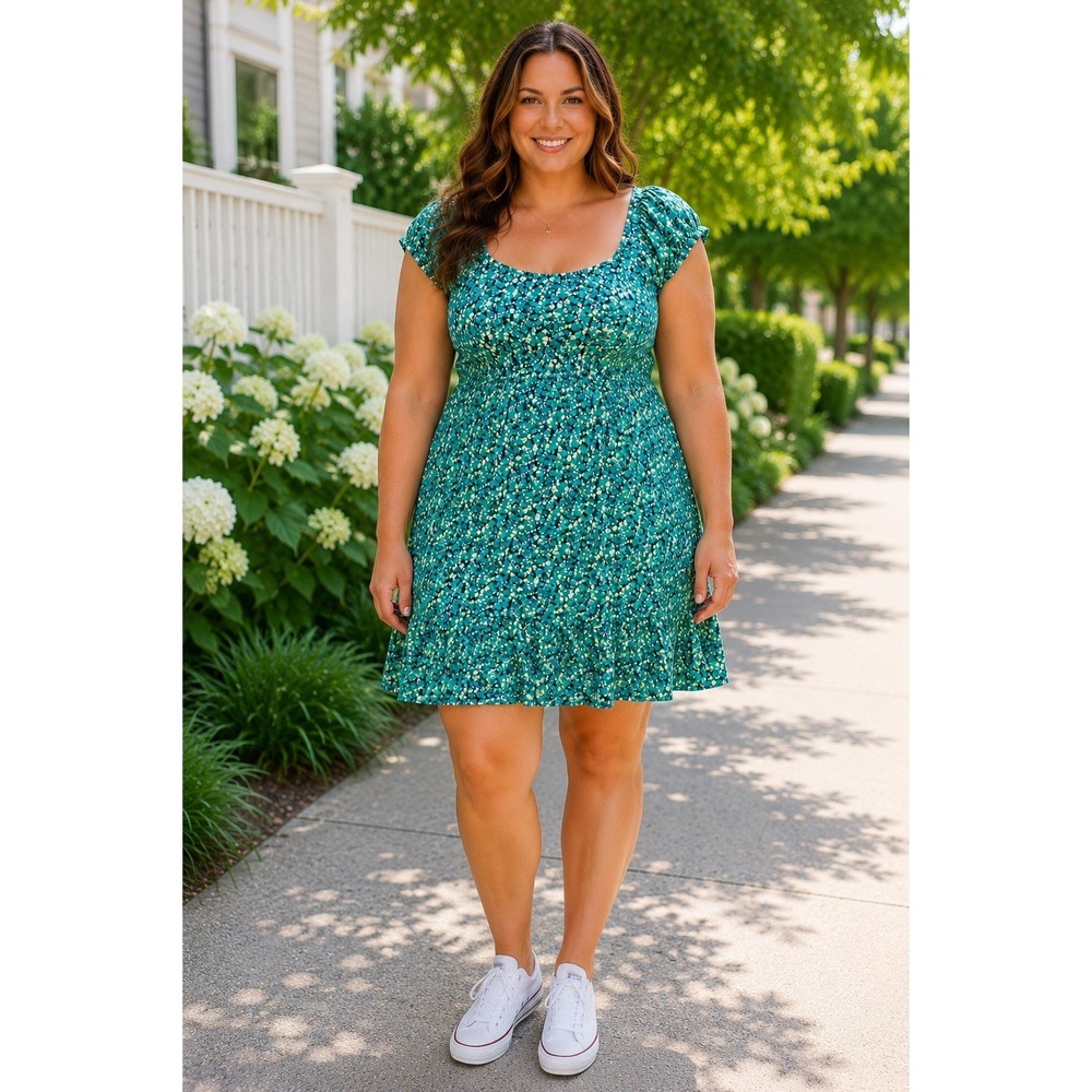 Old Navy 2X Floral Smocked Mini Dress Green Cottagecore Puff Sleeve Rayon BB20
